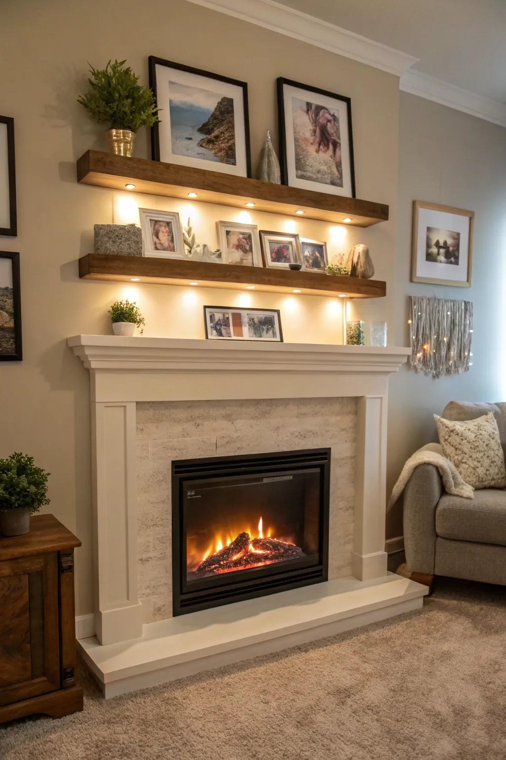 An electric fireplace topped with floating shelves showcasing art and photos.