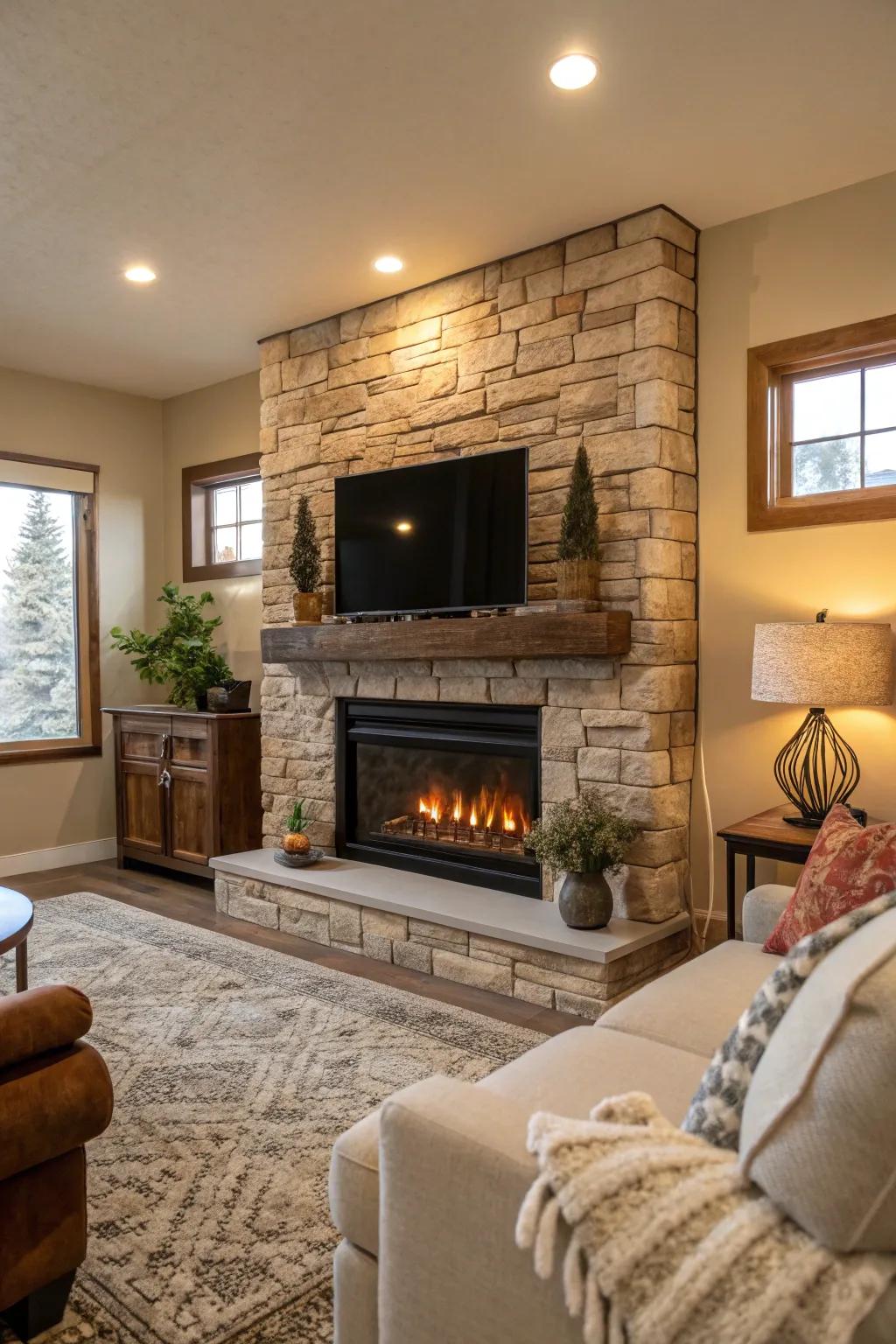 An electric fireplace adorned with natural stone cladding in a warm living room.