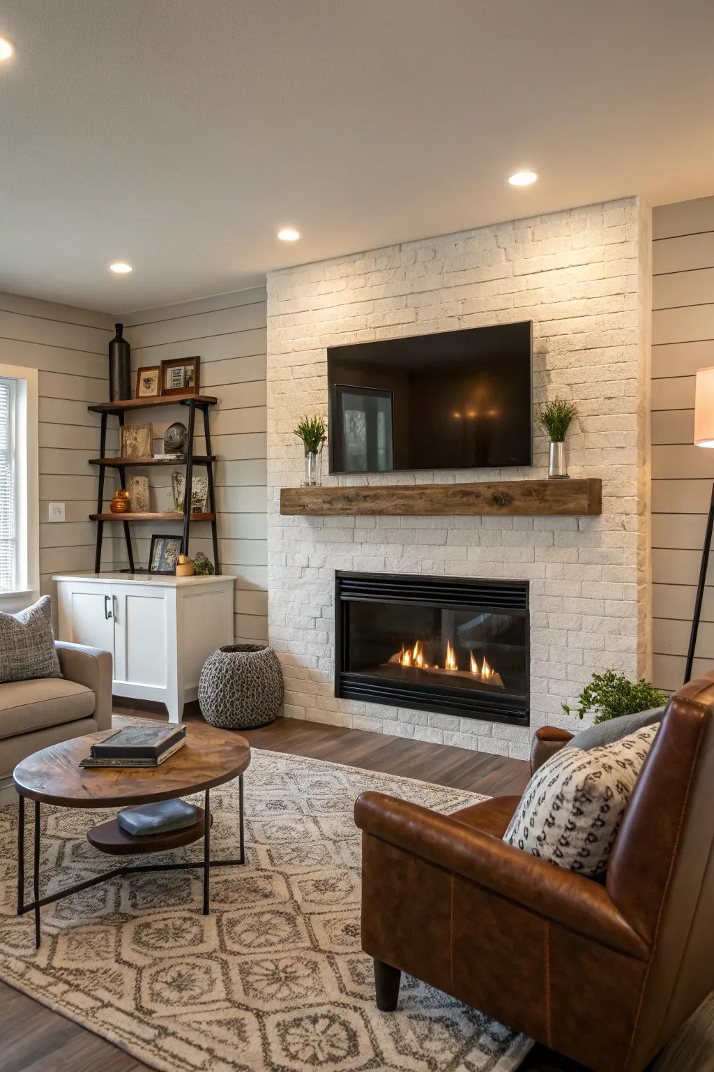 A living room featuring a shiplap textured fireplace wall with modern decor.