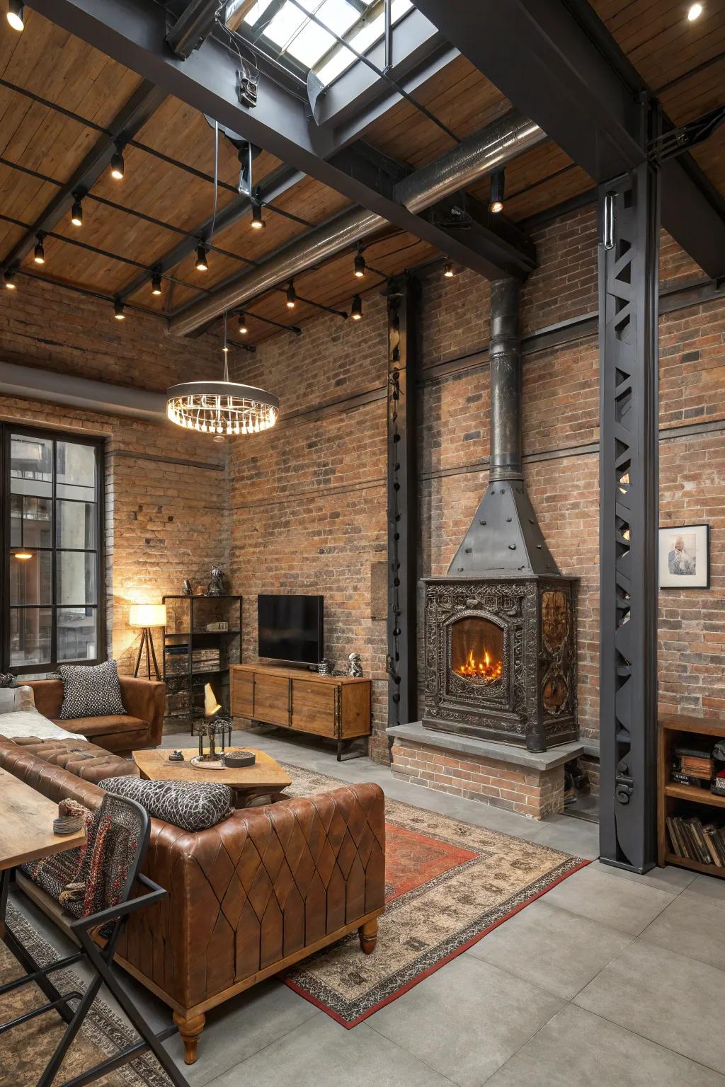 An industrial-style living room with exposed brick and metal-accented fireplace.