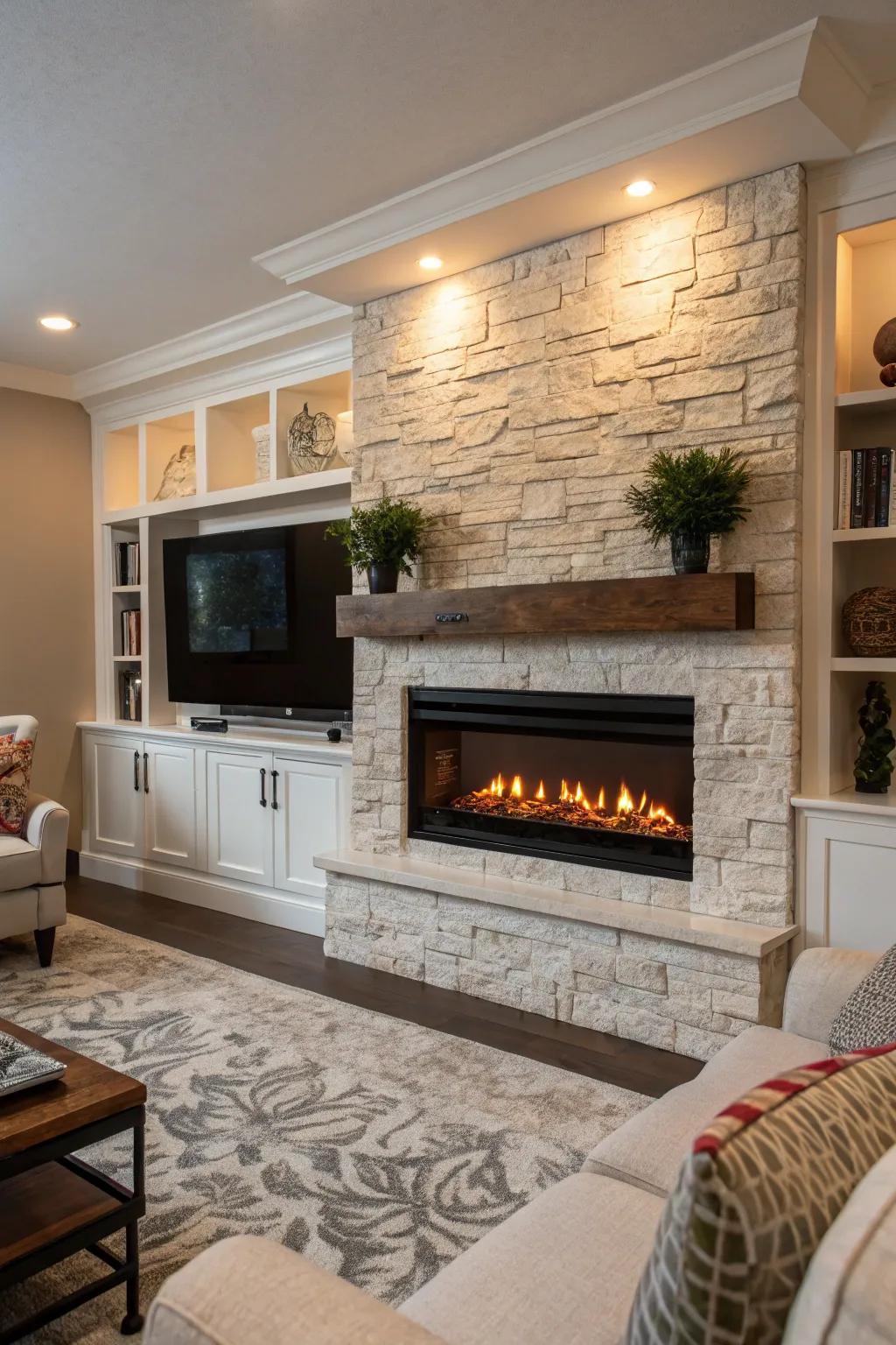 A living room featuring a built-in electric fireplace perfectly integrated into the wall.