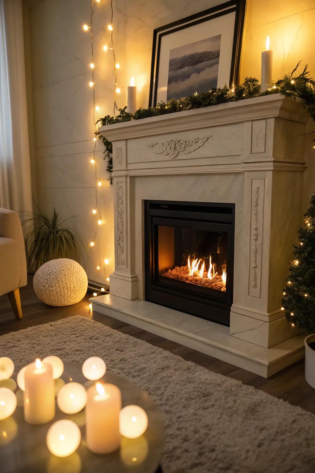 An electric fireplace enhanced with elegant LED lighting creating a warm atmosphere.