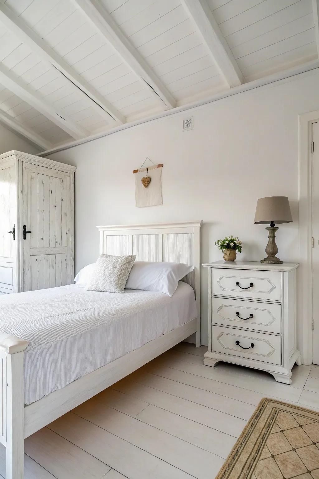 Minimalist furniture maintains a clean look in white bedrooms.