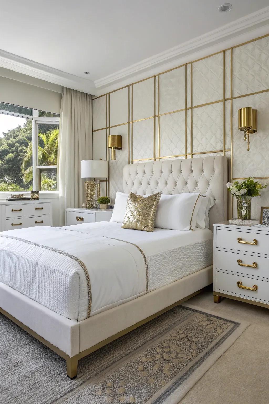 Metallic accents add understated luxury to white interiors.