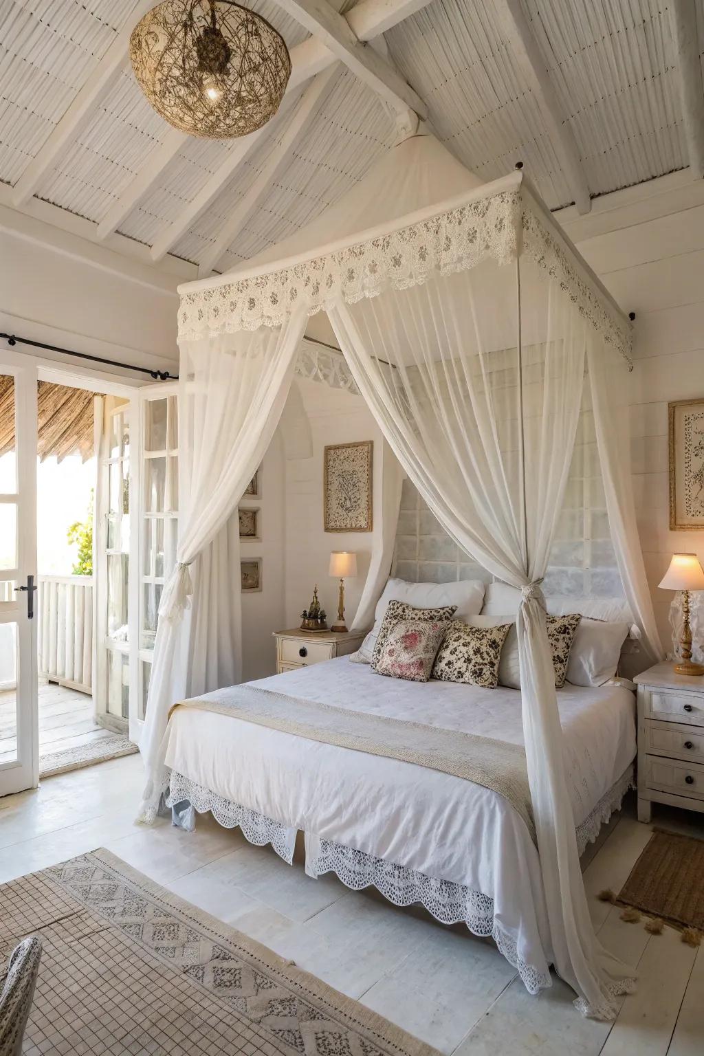 A canopy adds intimacy and charm to a white bedroom.