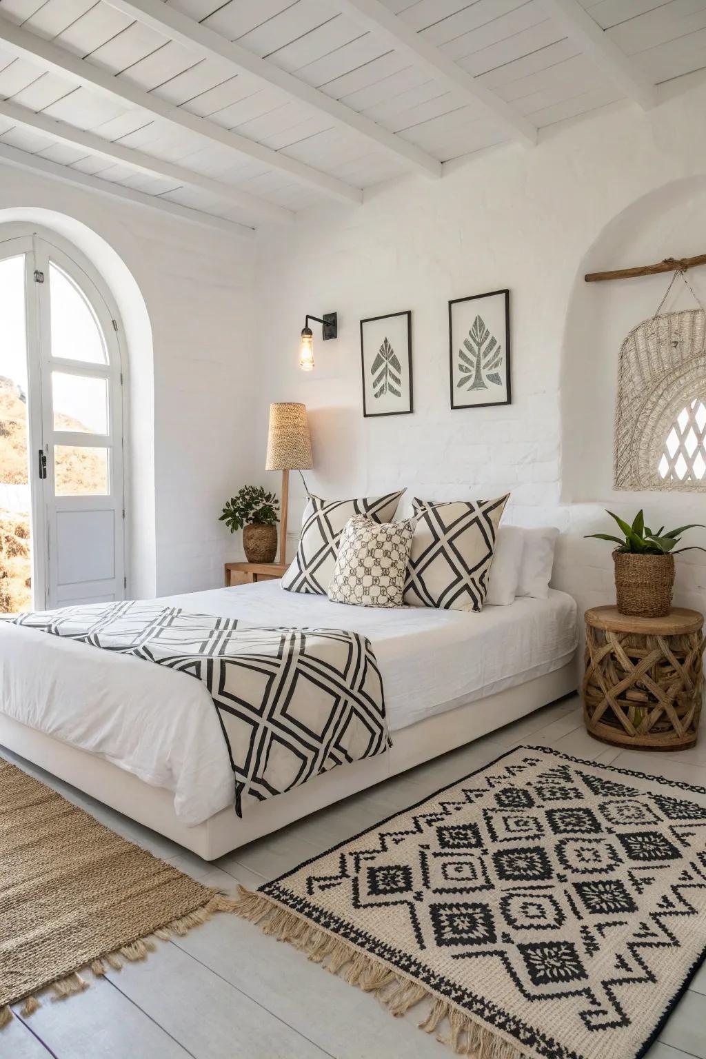 Geometric designs add a contemporary edge to white bedrooms.