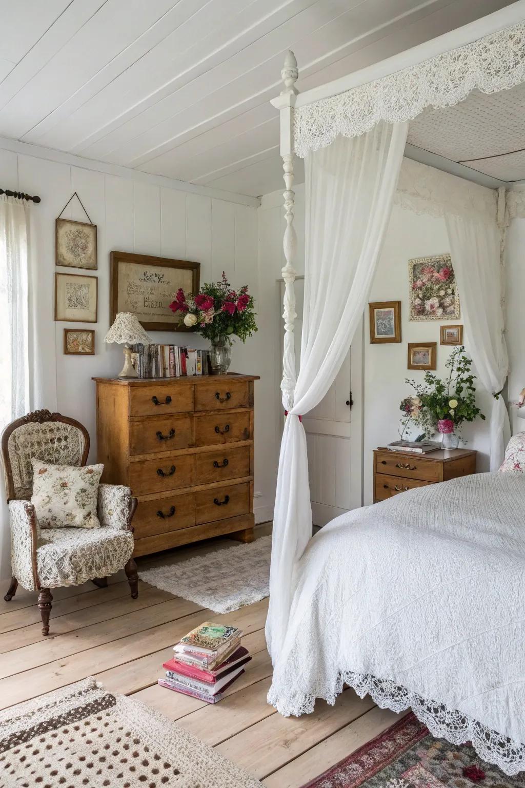 Vintage pieces add warmth and uniqueness to white bedrooms.