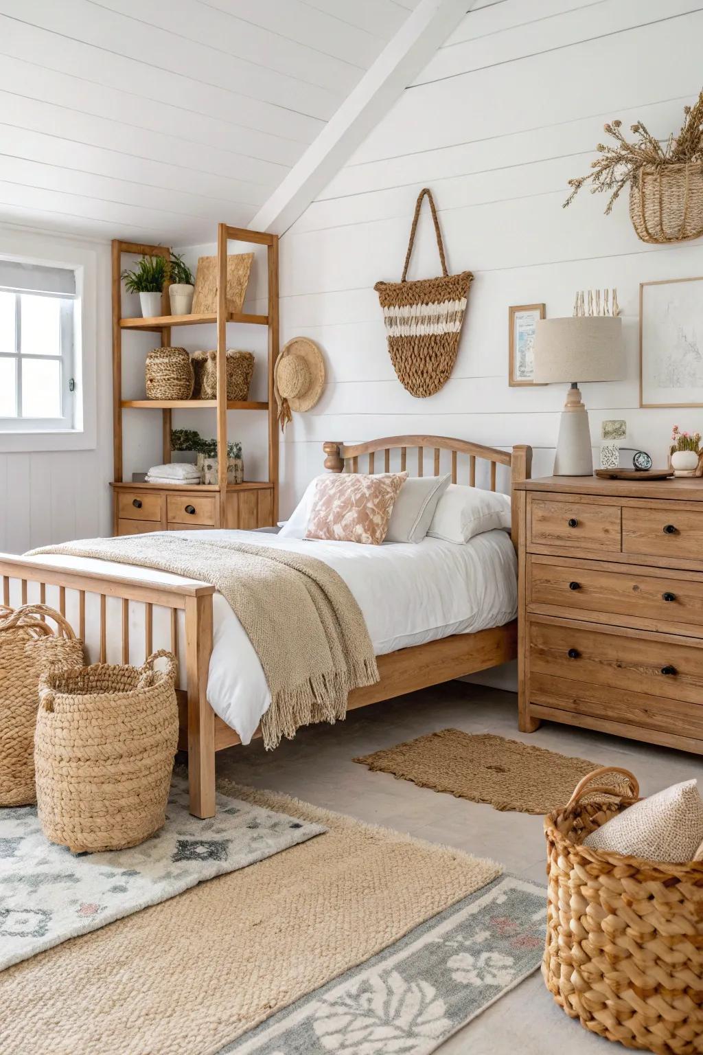 Natural wood and woven accents add warmth to white bedrooms.