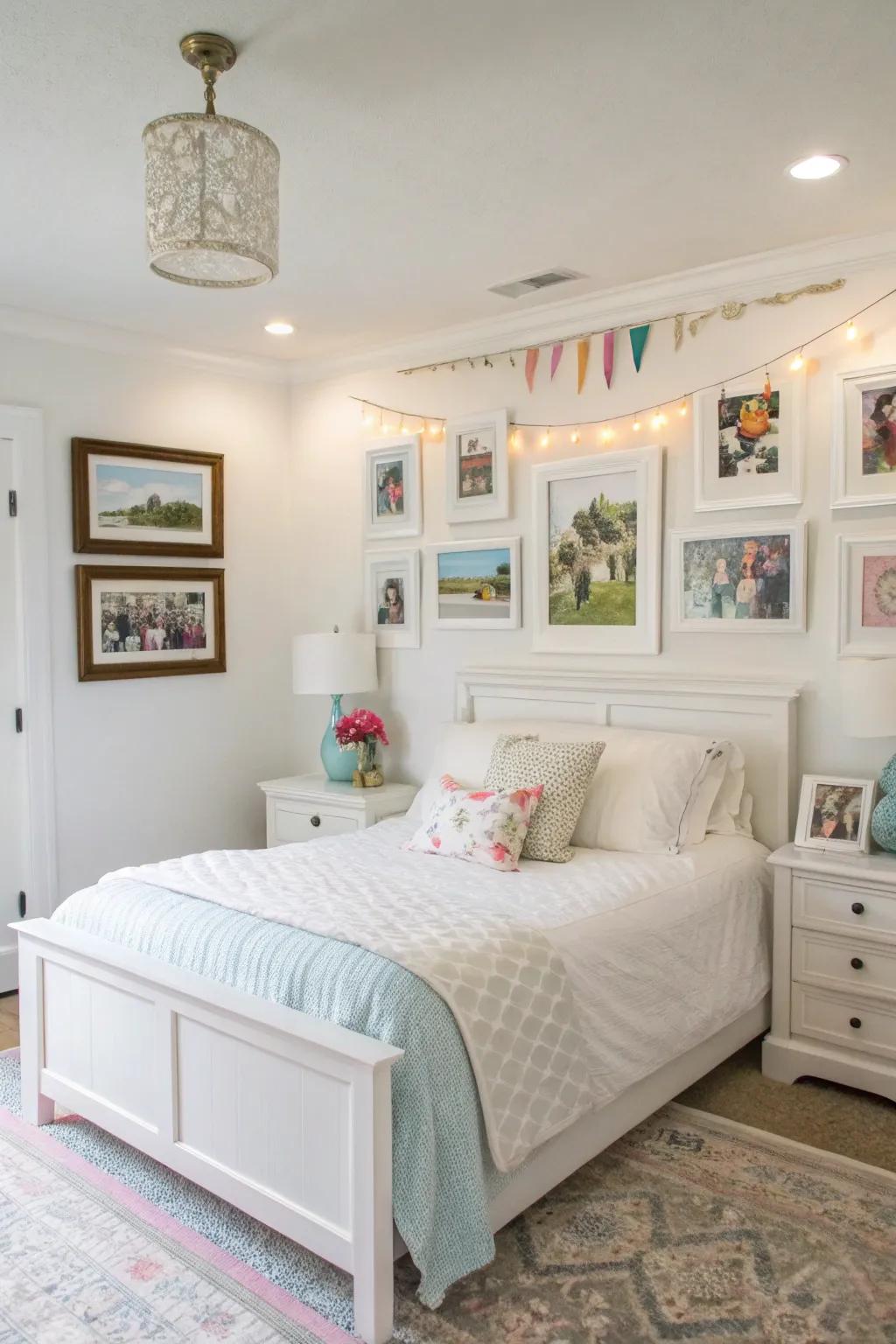 Personalized art adds character and warmth to white bedrooms.