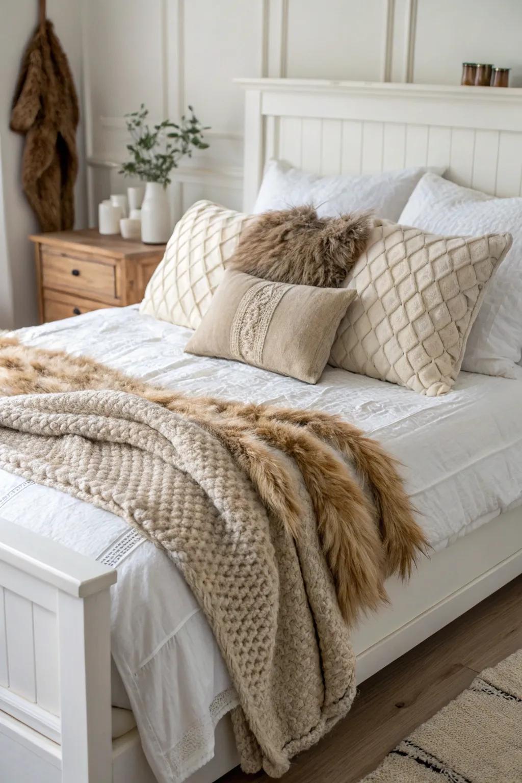 Textured elements bring warmth and dimension to white bedrooms.