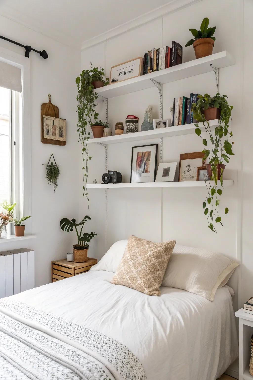 Floating shelves add both function and flair to white bedrooms.