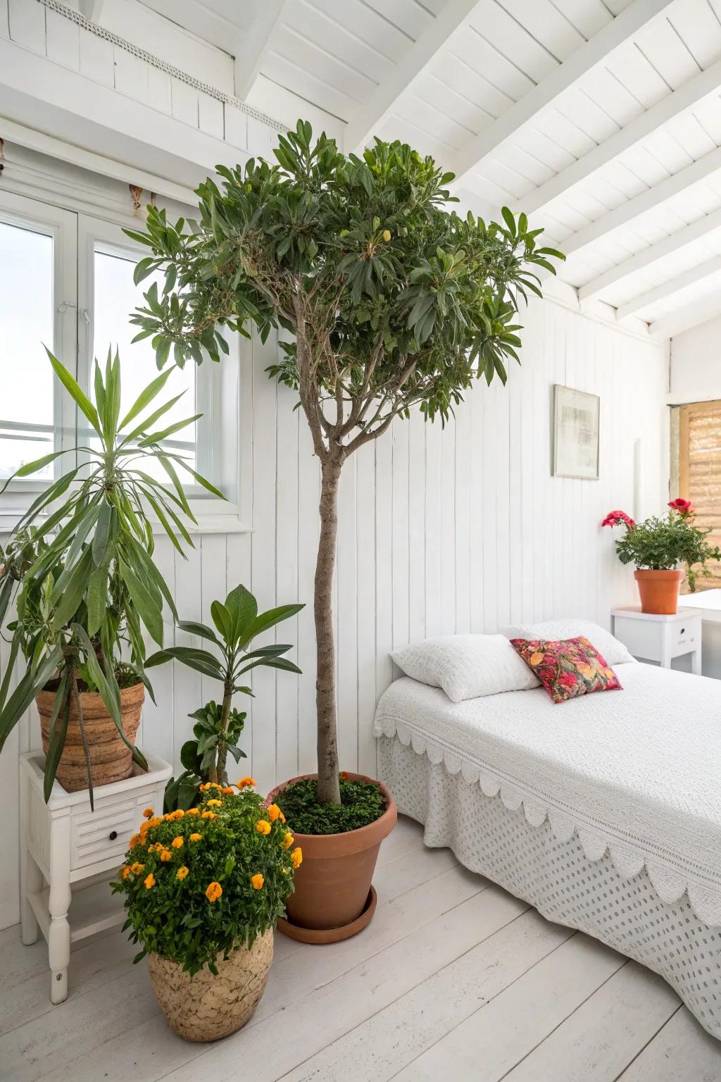 Indoor plants add a refreshing contrast to white bedrooms.