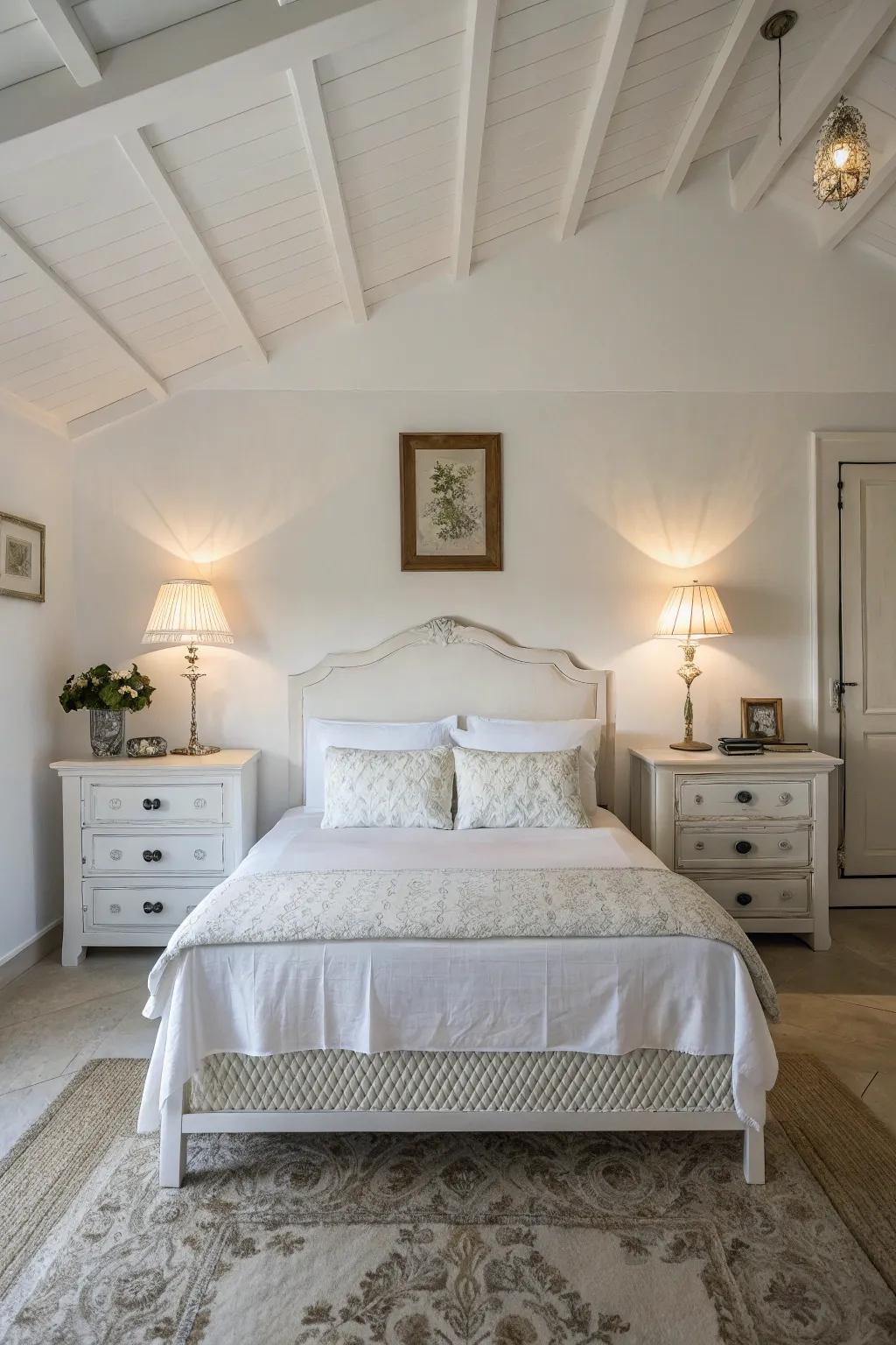 Symmetry in décor fosters harmony in white bedrooms.