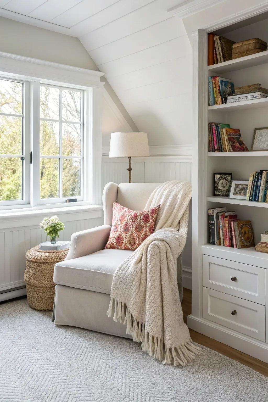 A cozy nook offers a personal retreat in white bedrooms.