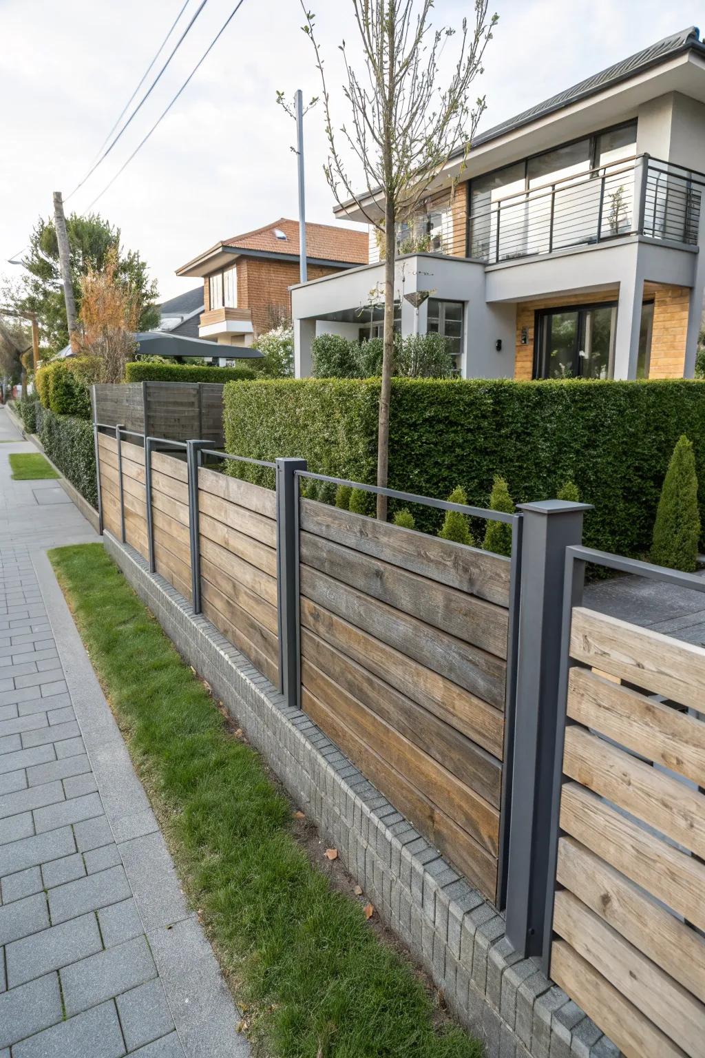 Combining wood and metal creates a balanced fence with natural warmth and industrial strength.