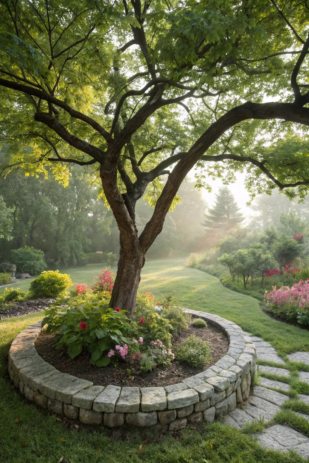 Stone borders add elegance and structure around trees.