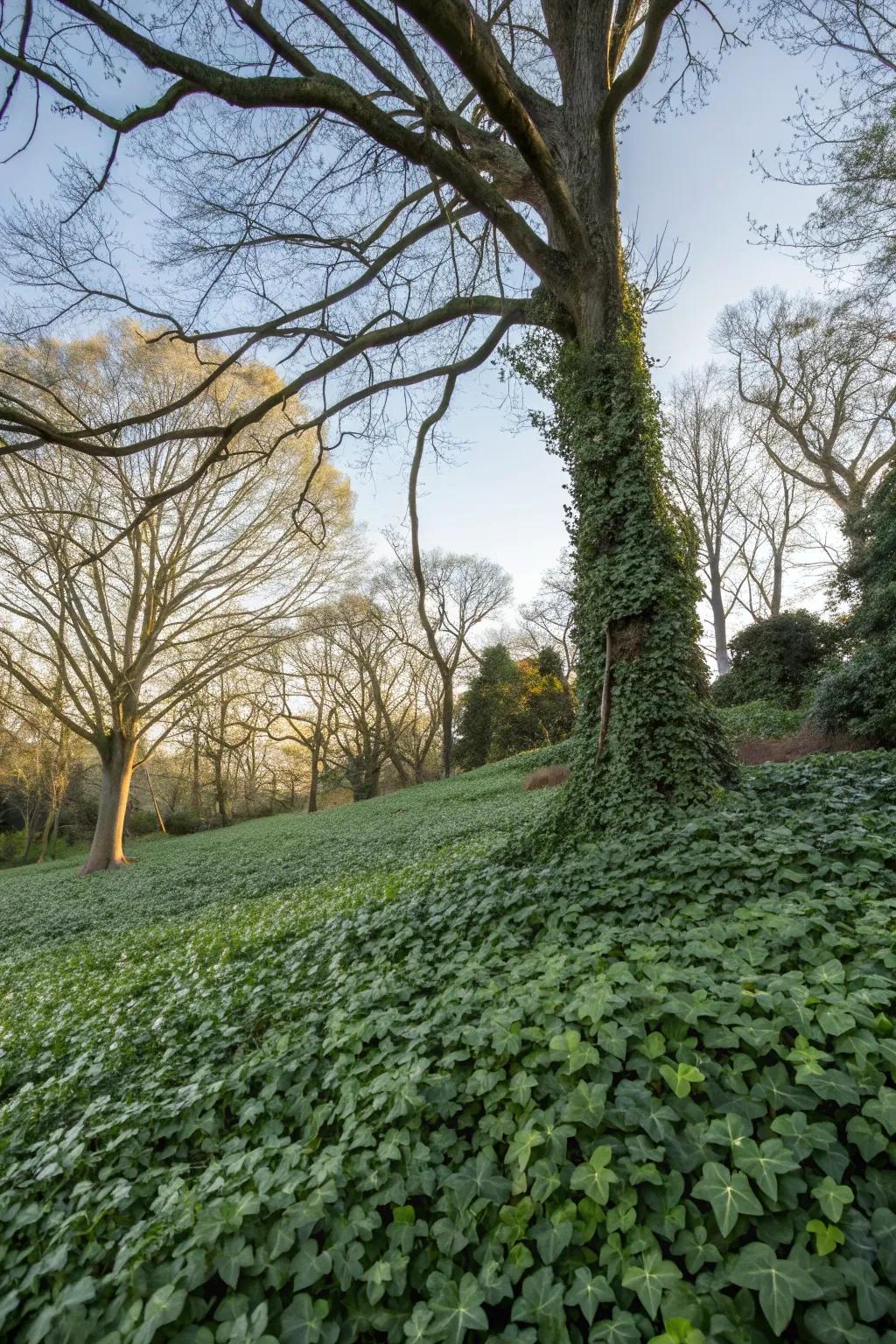Ground covers provide lush greenery in shaded areas.