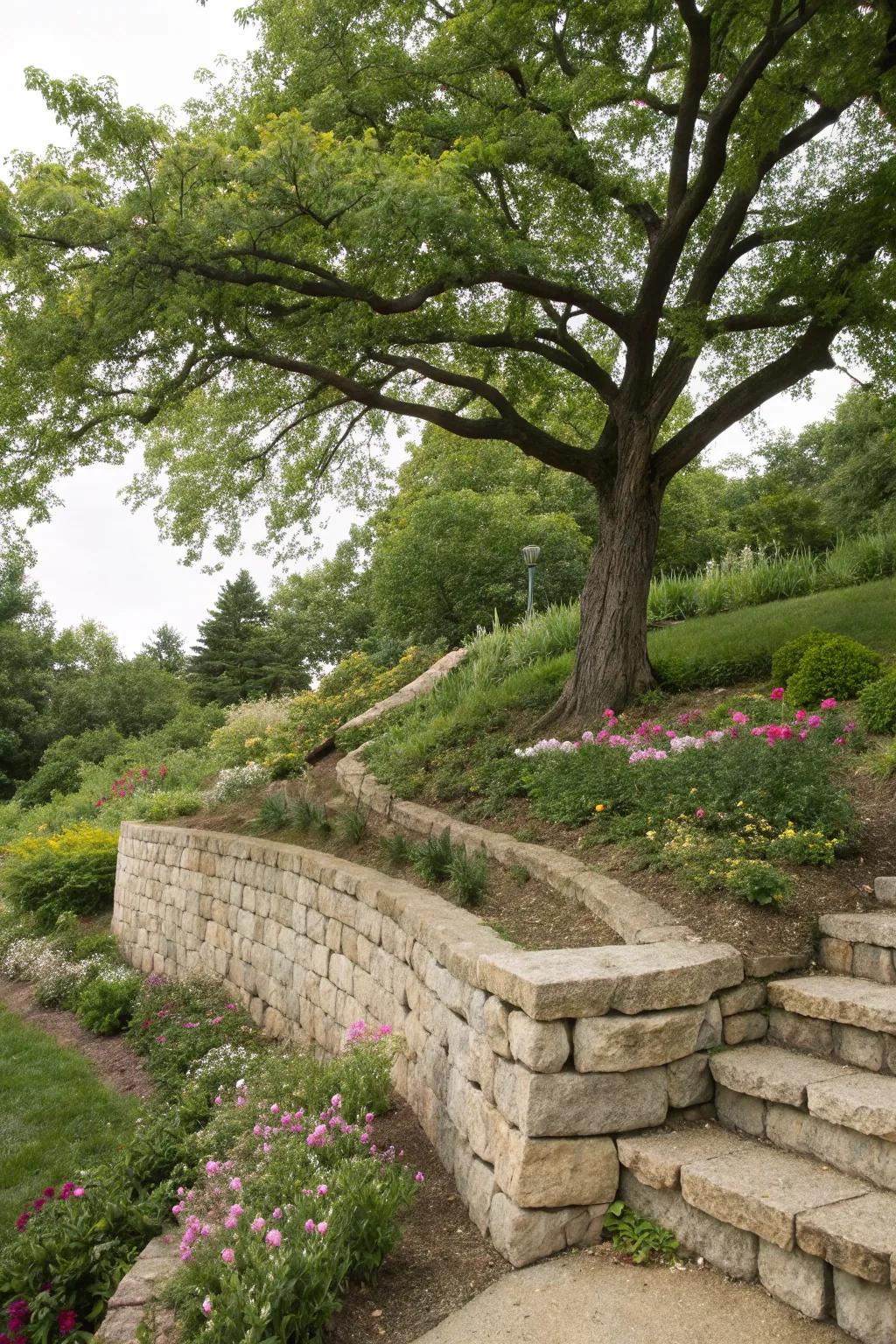 Retaining walls provide support and beauty on slopes.