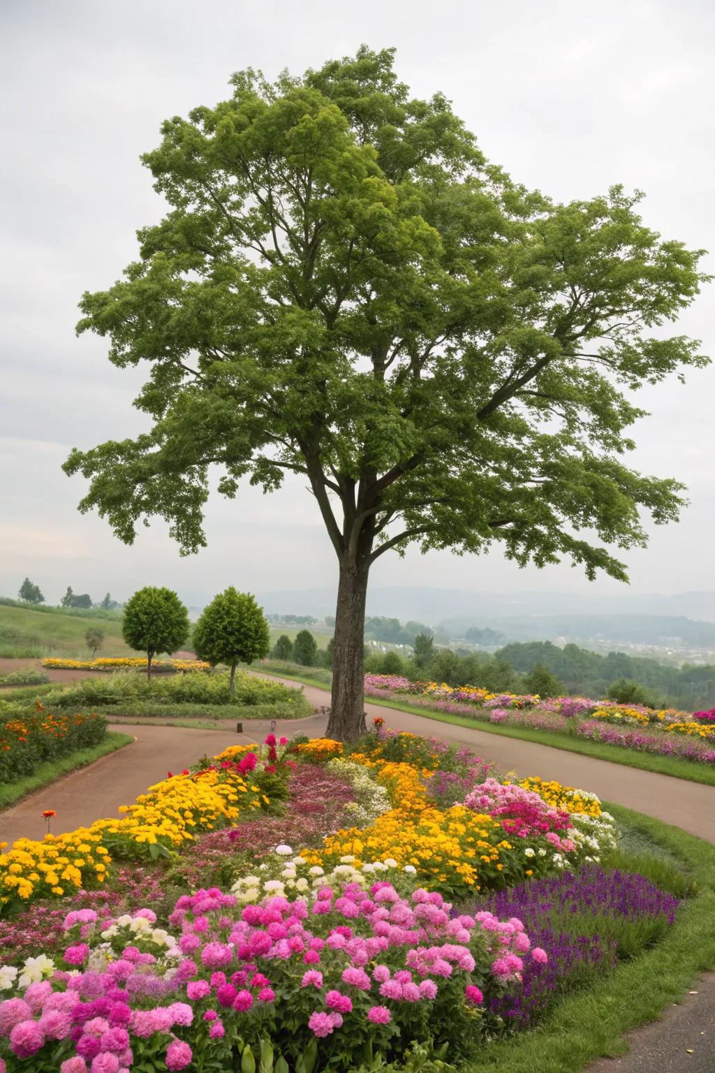 Flower beds add vibrant color and energy around trees.