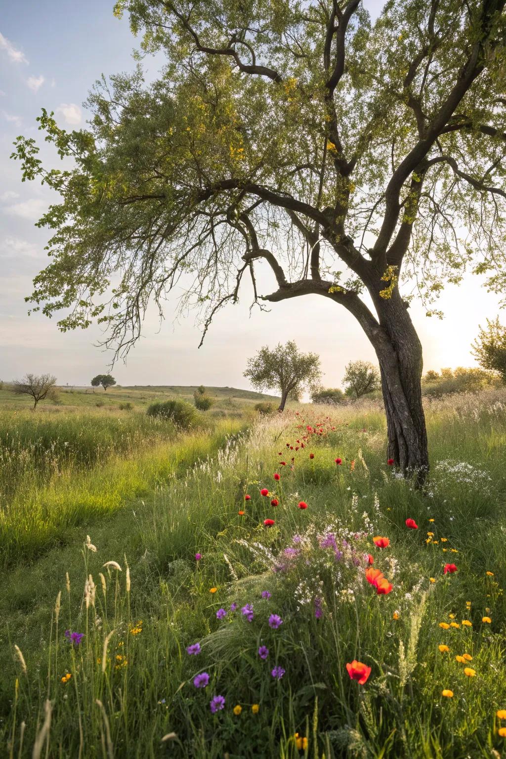 Naturalistic landscaping captures the wild beauty around trees.
