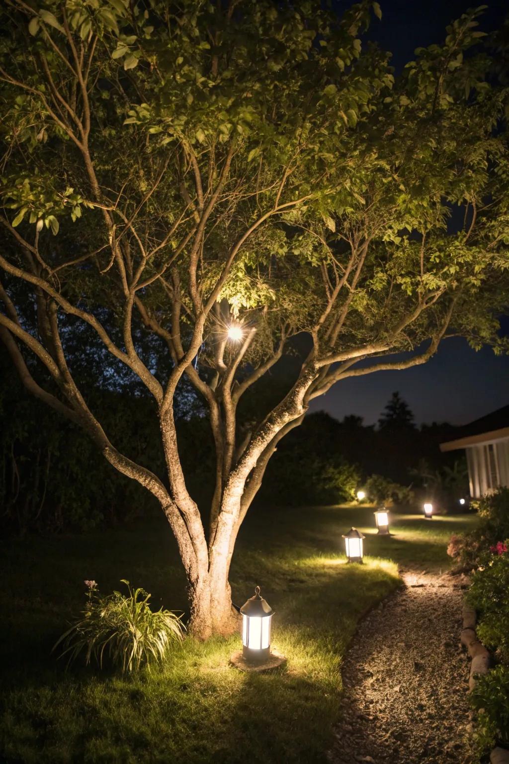 Garden lighting creates a magical nighttime ambiance.