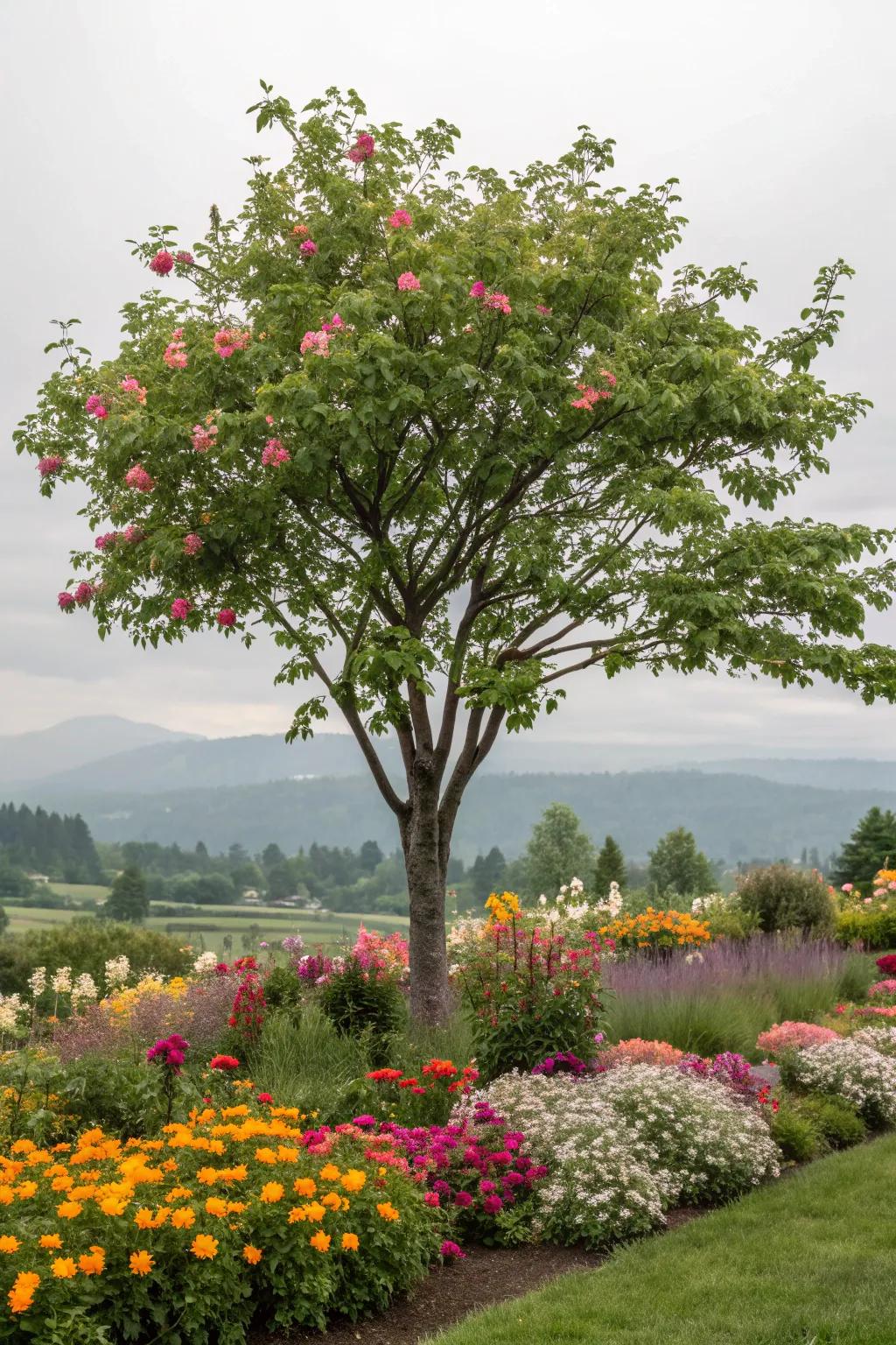 Perennials offer lasting beauty and low maintenance around trees.