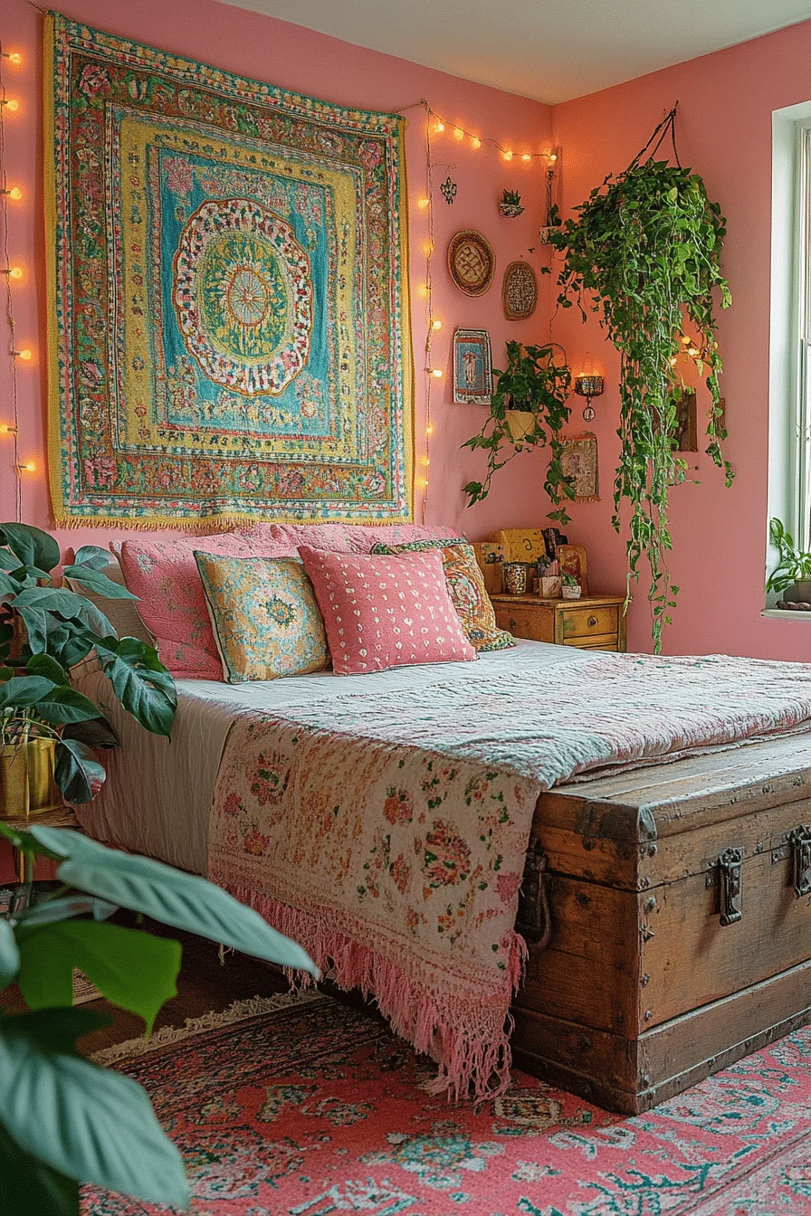 Boho Bedroom with Layered Rugs and Fairy Lights