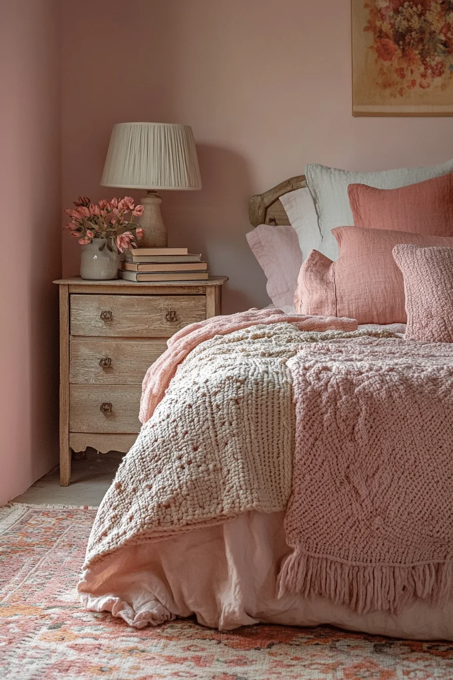 Boho Bedroom with Pink Tones and Textured Accents