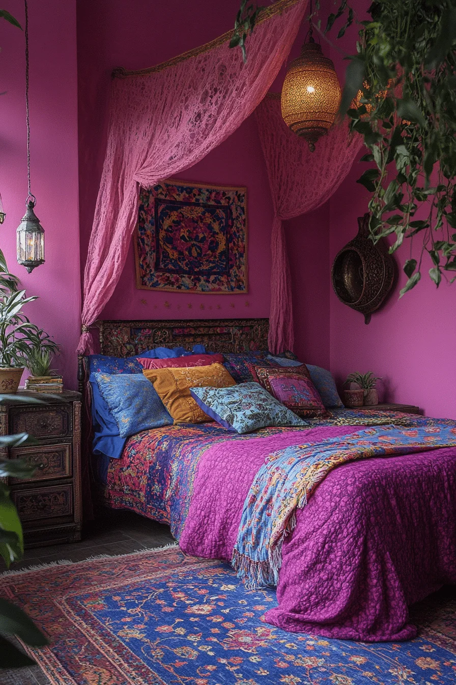 Boho Bedroom with Bold Pink and Natural Elements