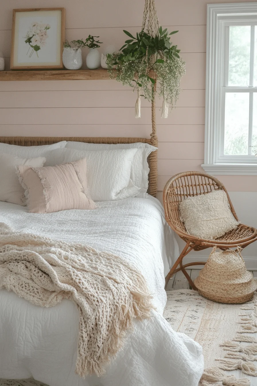 Boho Bedroom with Rattan Accents and Cozy Throws