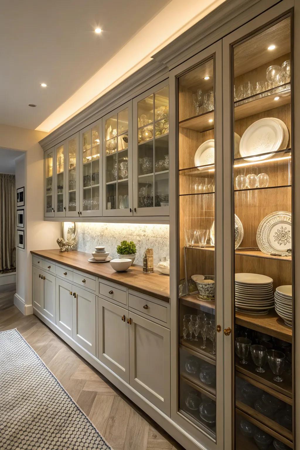 Glass cabinets add elegance and openness.