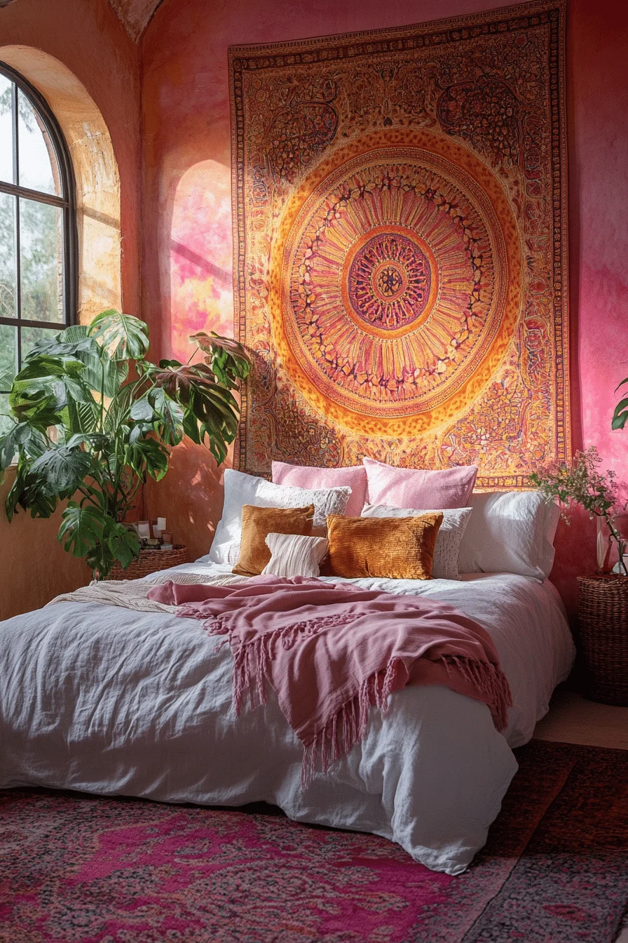 Boho Bedroom with Pink and Orange Sunset Hues