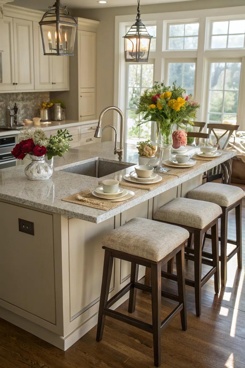 A multifunctional island serves as the kitchen's centerpiece.