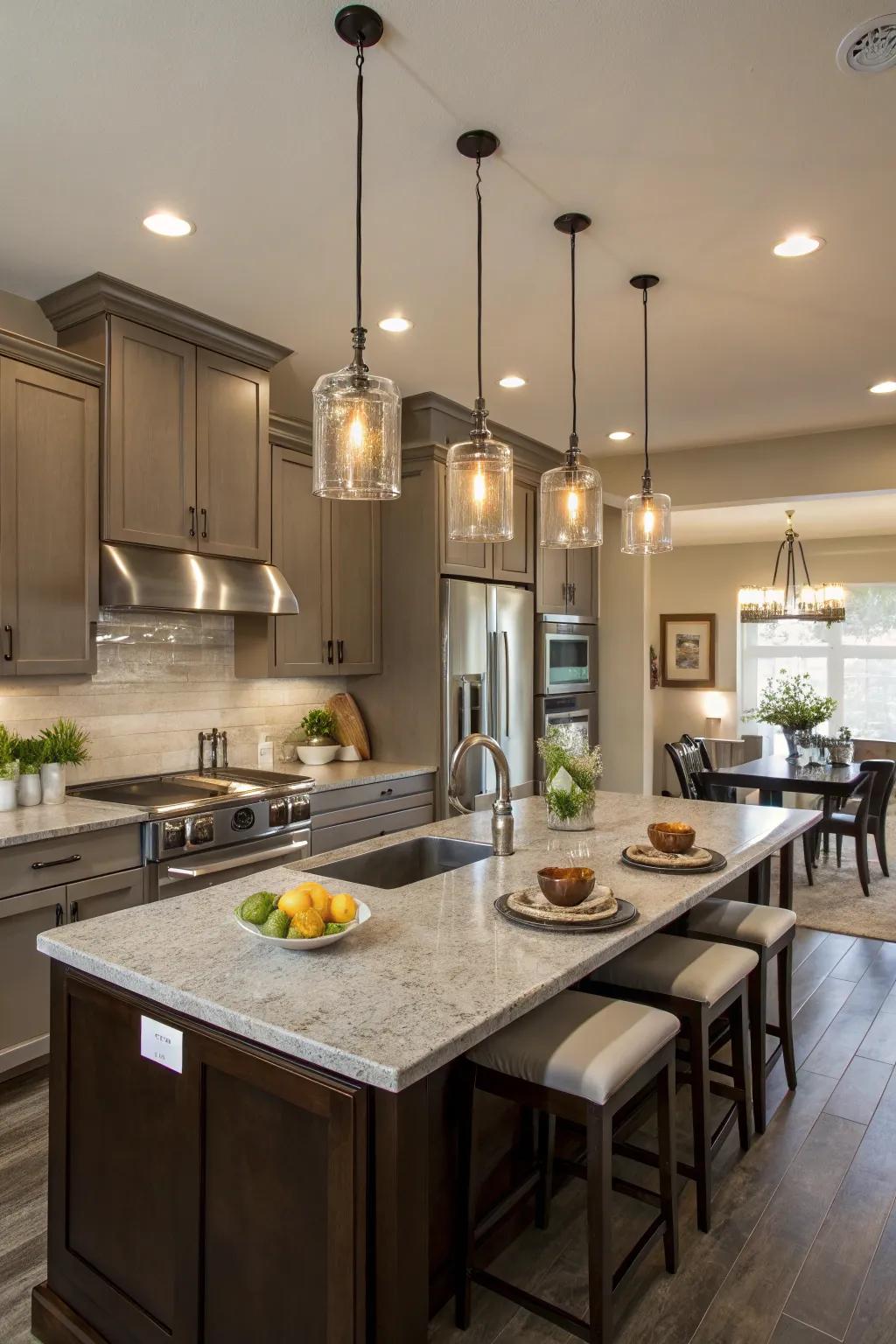Pendant lights combine style and function in the kitchen.
