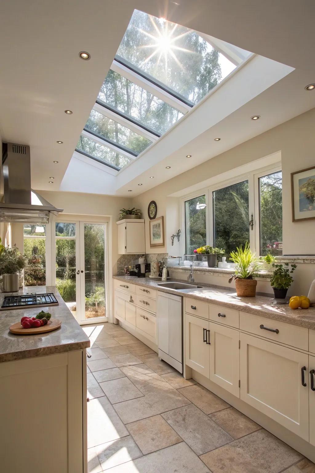 Skylights flood the kitchen with natural light.