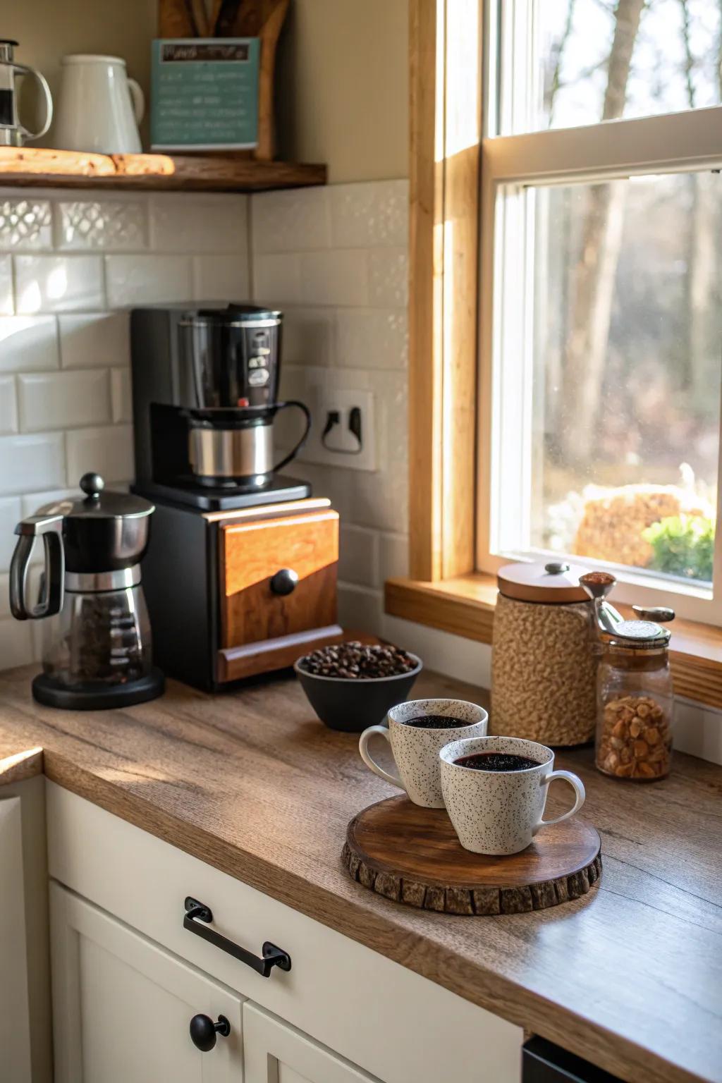 A coffee nook adds convenience and coziness.