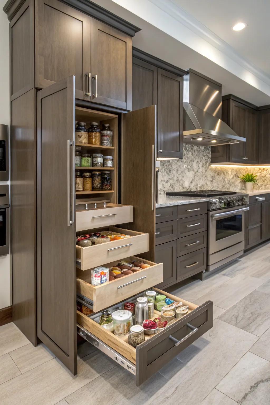 Customized storage enhances kitchen efficiency and style.