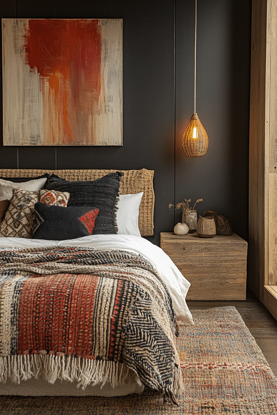 Boho Bedroom with Earthy Tones and Pink Accents