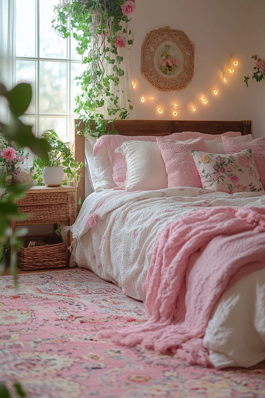Boho Bedroom with Soft Pink and Greenery