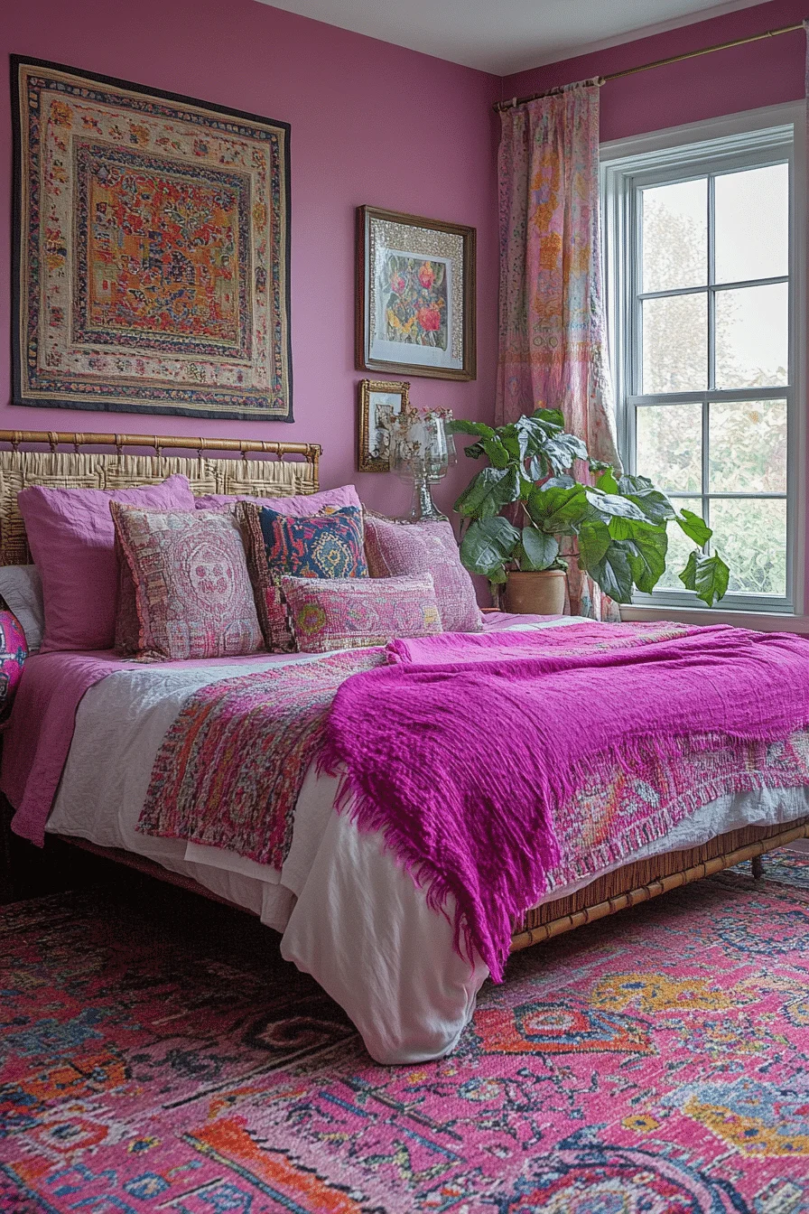 Boho Bedroom with Subtle Pink Decor