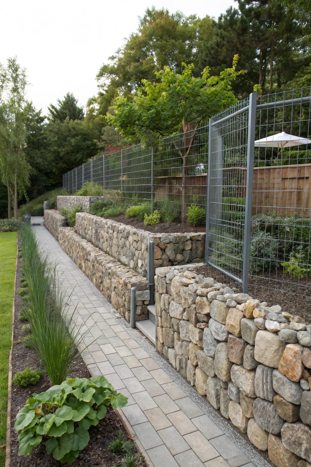 Gabion walls combined with metal structures