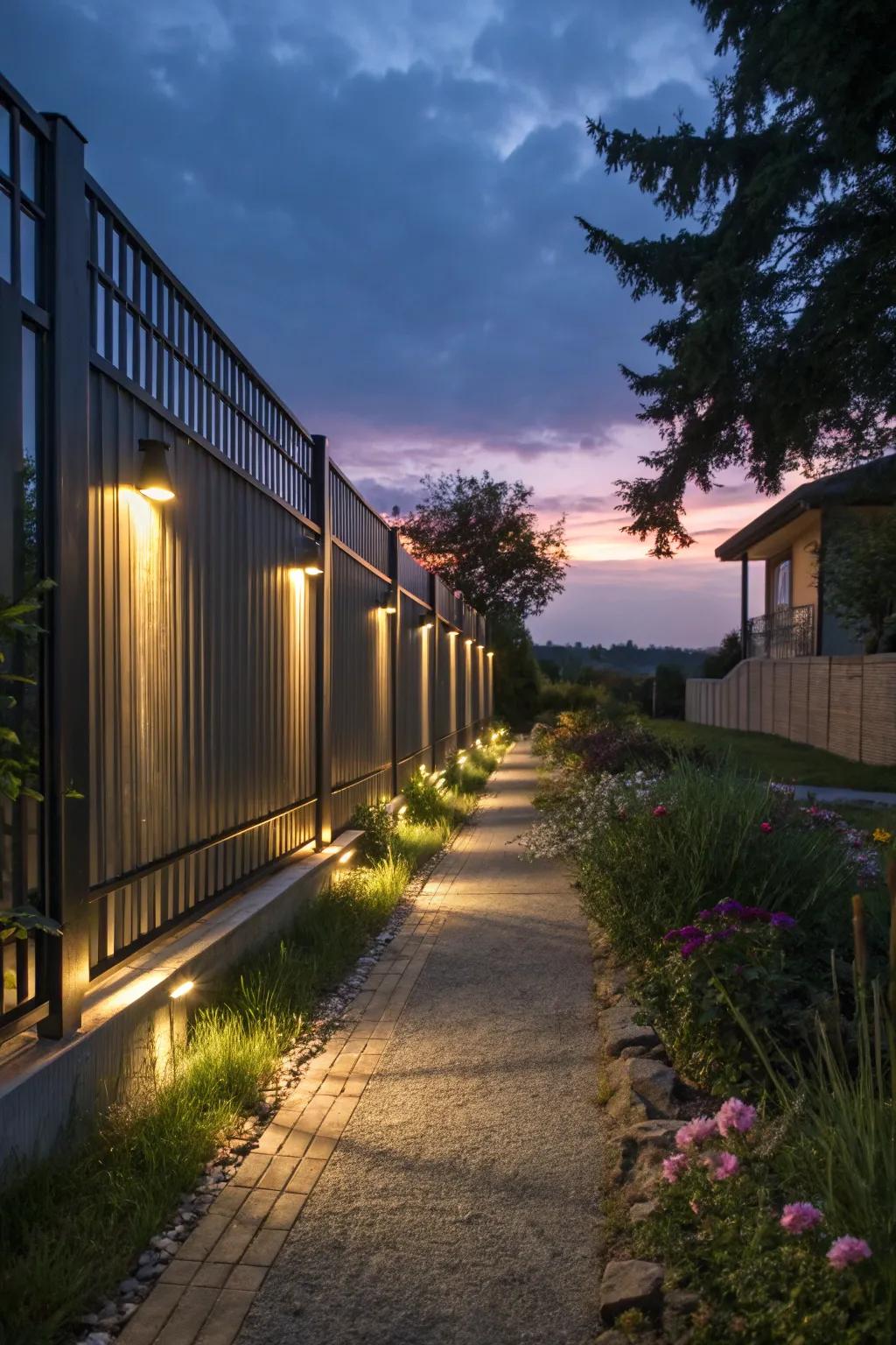 Inset lighting enhances evening fence ambiance