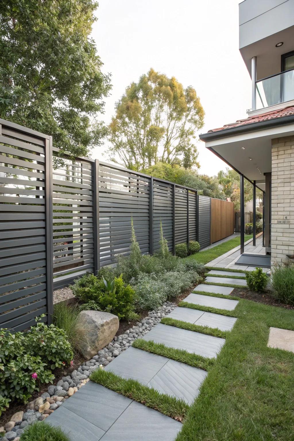 Horizontal slats create a sleek, cohesive fence