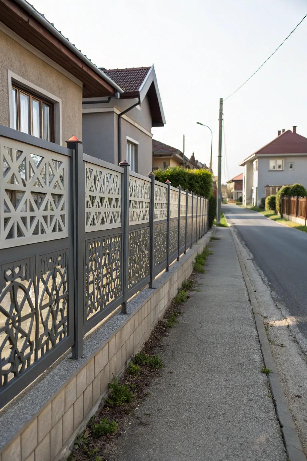 Geometric metal fence designs create visual interest