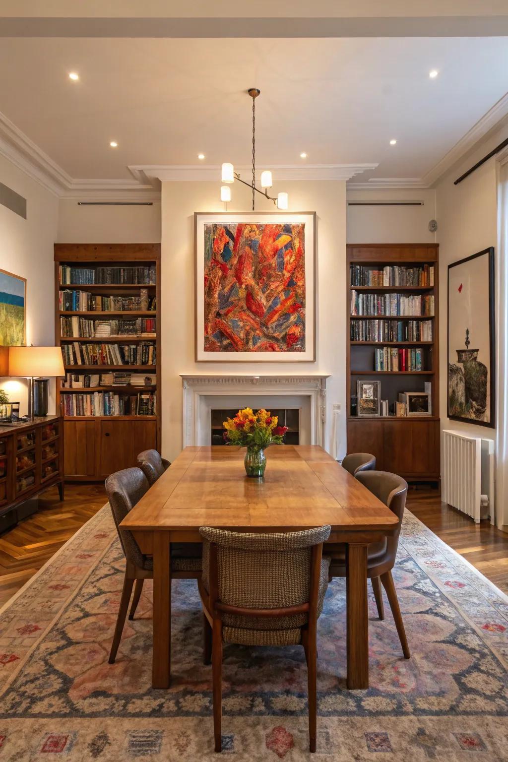 Bold artwork anchoring the dining room's aesthetic.
