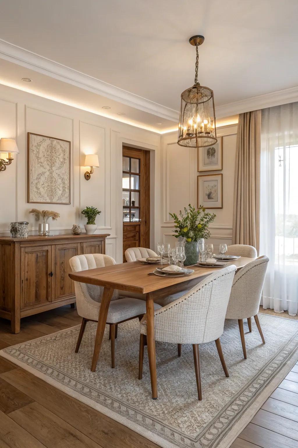 Calming neutral tones of cream, white, and wood in a dining room.