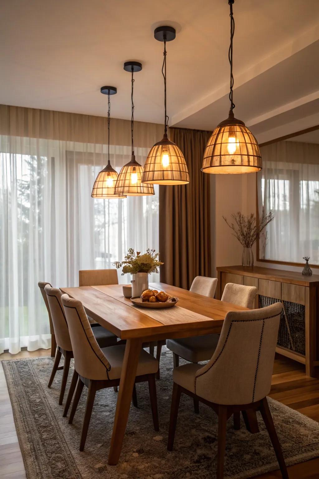 Warm pendant lighting creating a cozy dining atmosphere.