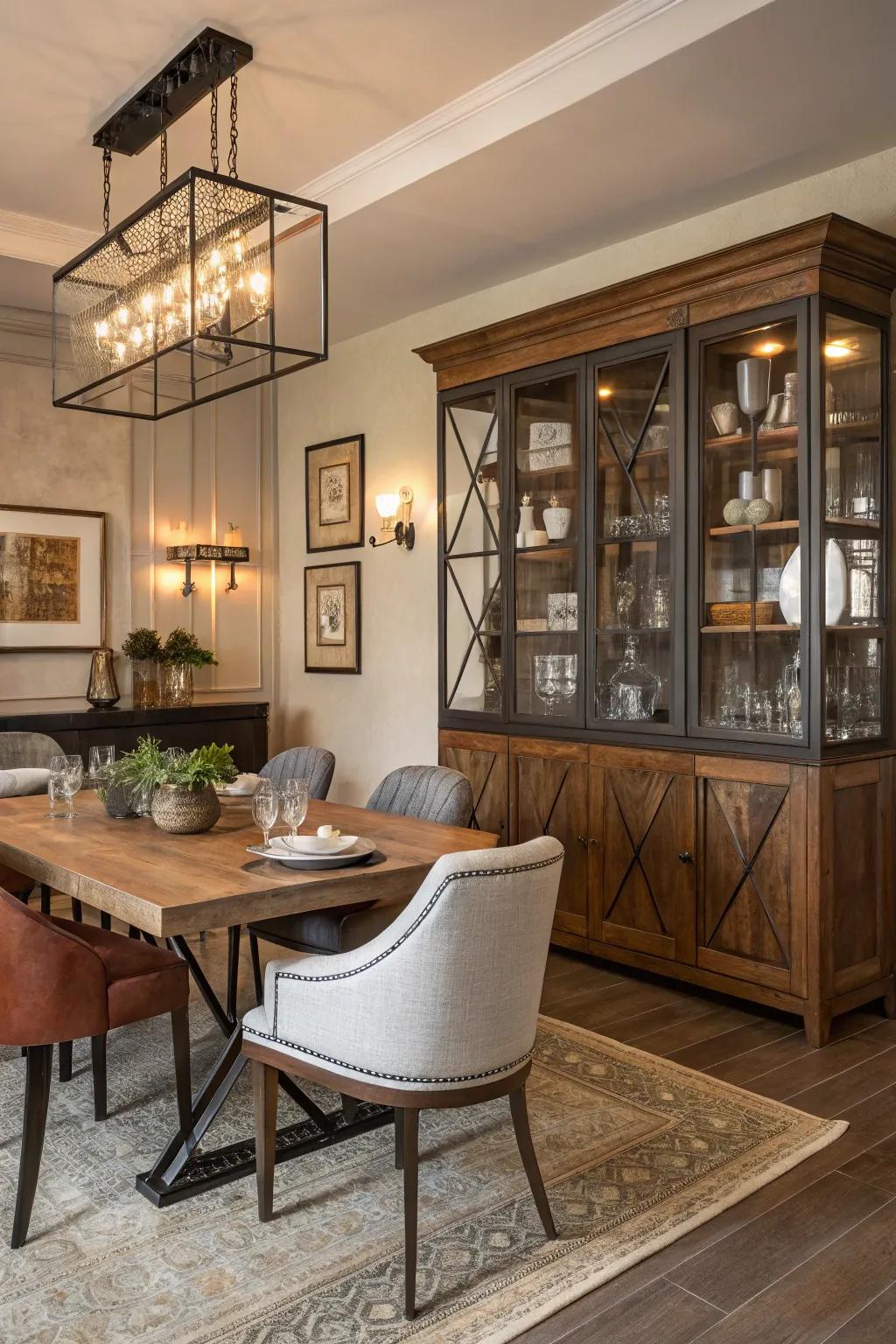 Eclectic dining space combining wood, metal, and glass elements.