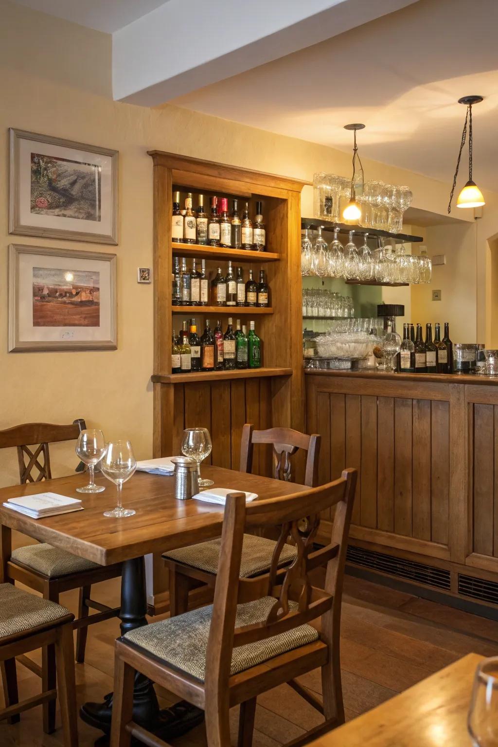 Integrated bar setup within the dining room for convenience and style.