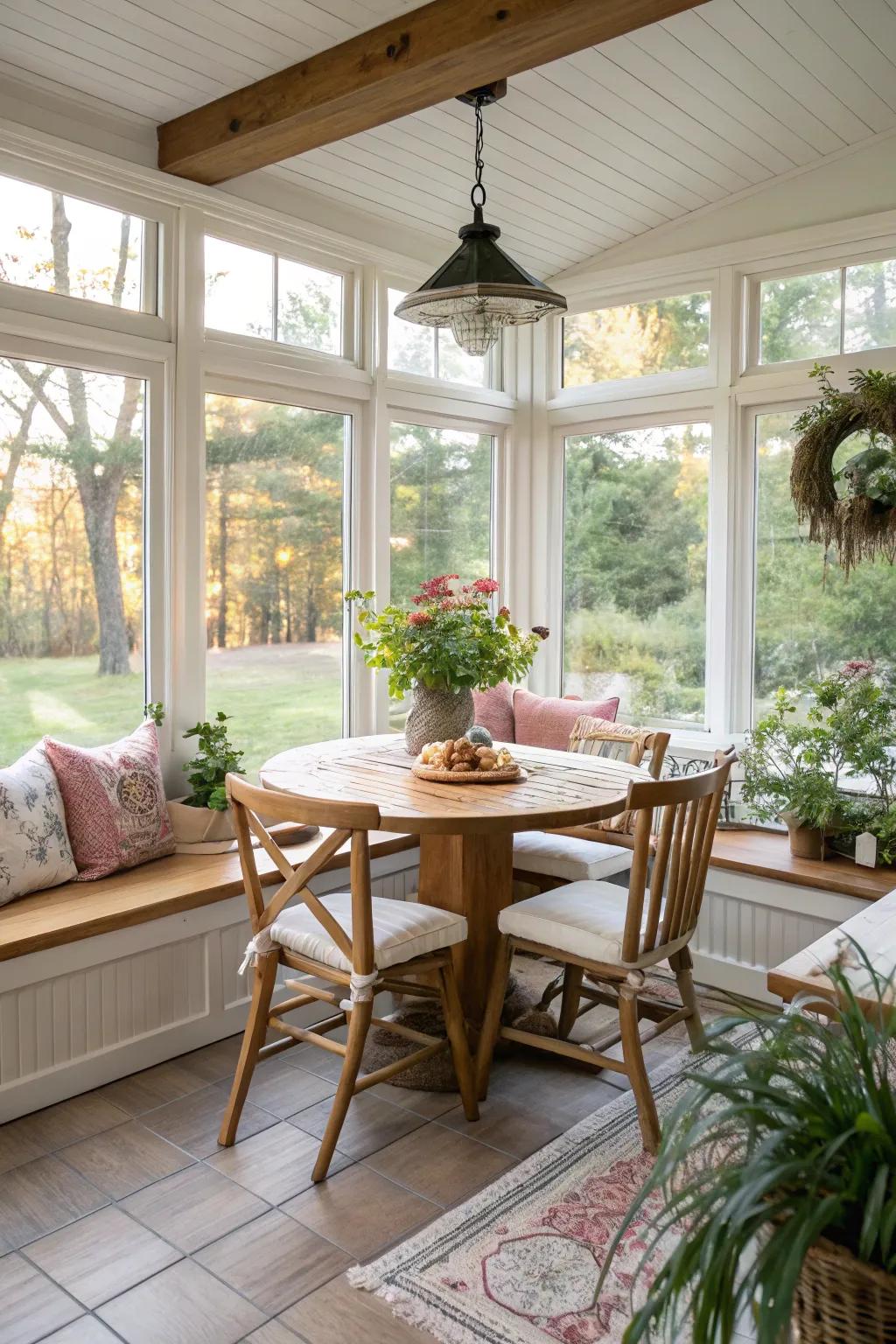 Converted sunroom into a cozy dining nook blending style and function.